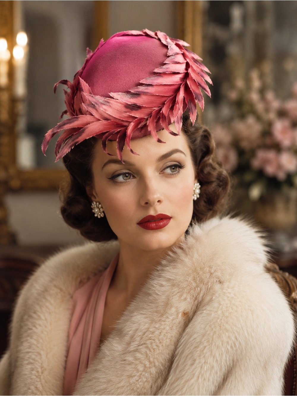 Vintage collectors Lucila Mendez  Cloche Hat Pink Satin feather Velvet New York